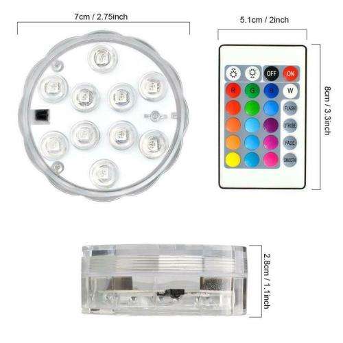 RGB Waterproof Submersible 10-LED Lights 16 Colors Changing with Remote Control