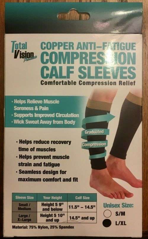 NEW TOTAL VISION COPPER ANTI-FATIGUE COMPRESSION CALF SLEEVES SZ S/M BLACK