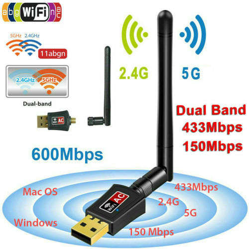 600Mbps Dual Band 2.4G 5G Wireless USB WiFi Network Adapter 802.11AC w/Antenna