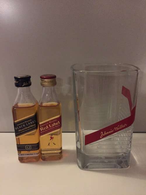 Johnnie Walker Branded Tumbler - Whisky Glass with 2 Miniature Black & Red Label Bottles