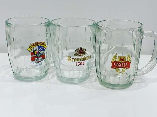 3 x Vintage 500ml Glass Beer Mugs - Castle - Kronenbrau - Hansa