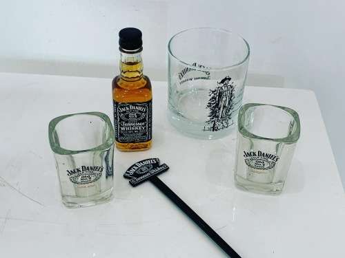 Vintage Sealed Jack Daniels 50ml Glass #Tennessee Whiskey Bottle - With Branded Glasses