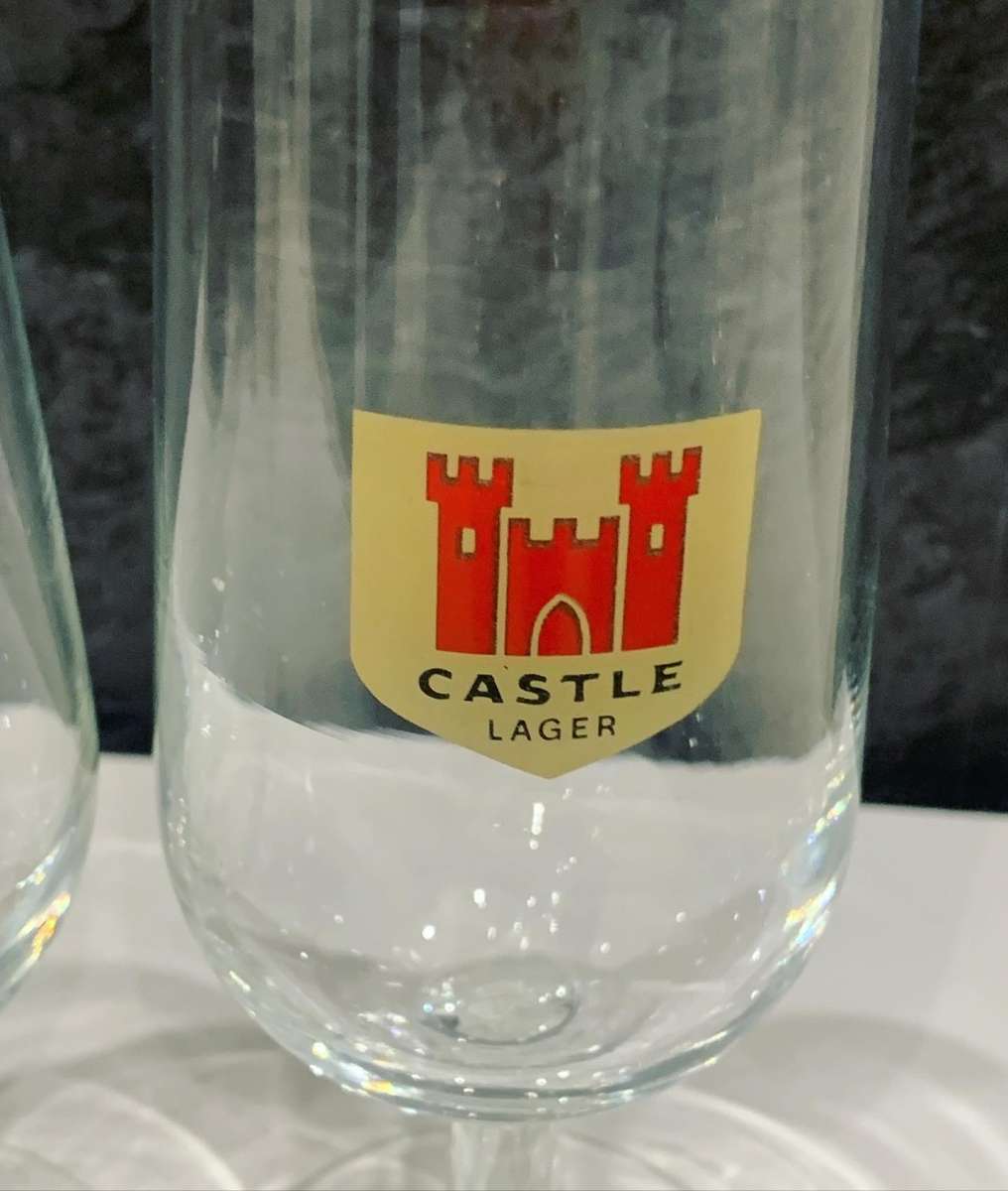 LPair Of Vintage Stemmed Beer Glasses - Black Label & Castle