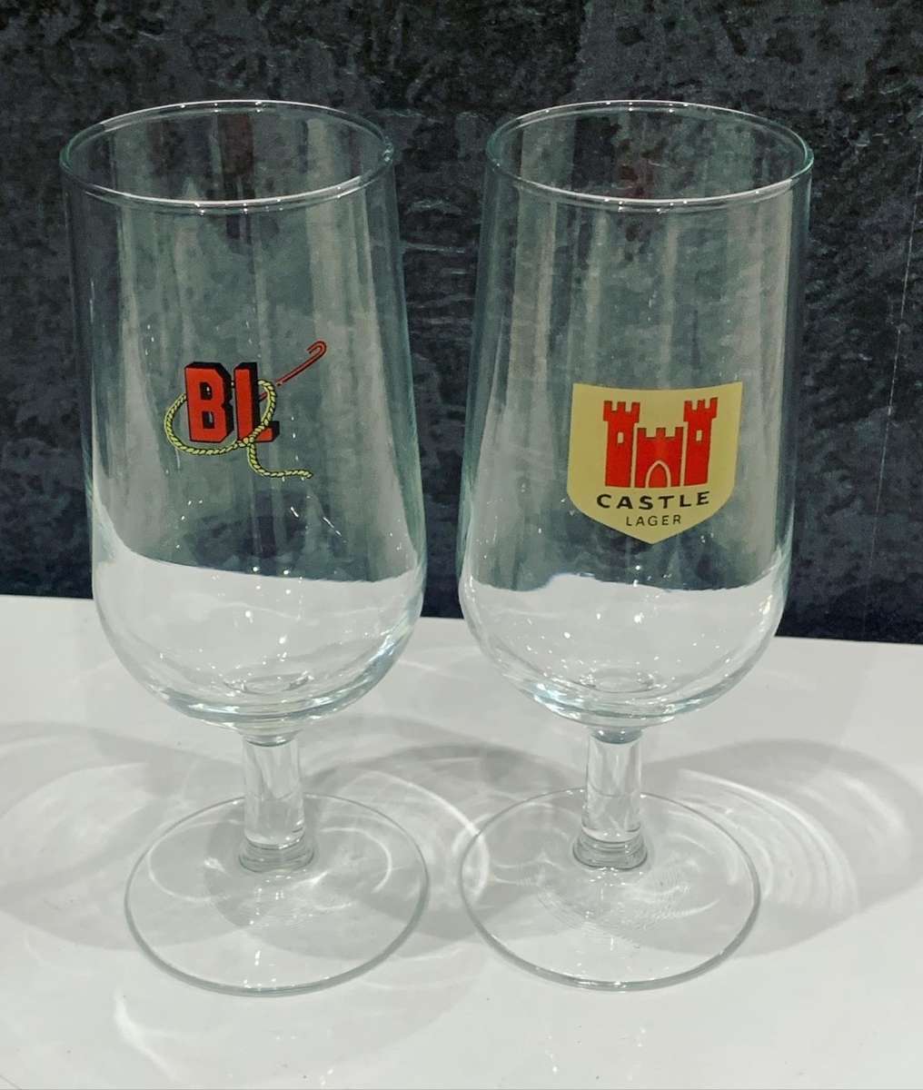 LPair Of Vintage Stemmed Beer Glasses - Black Label & Castle