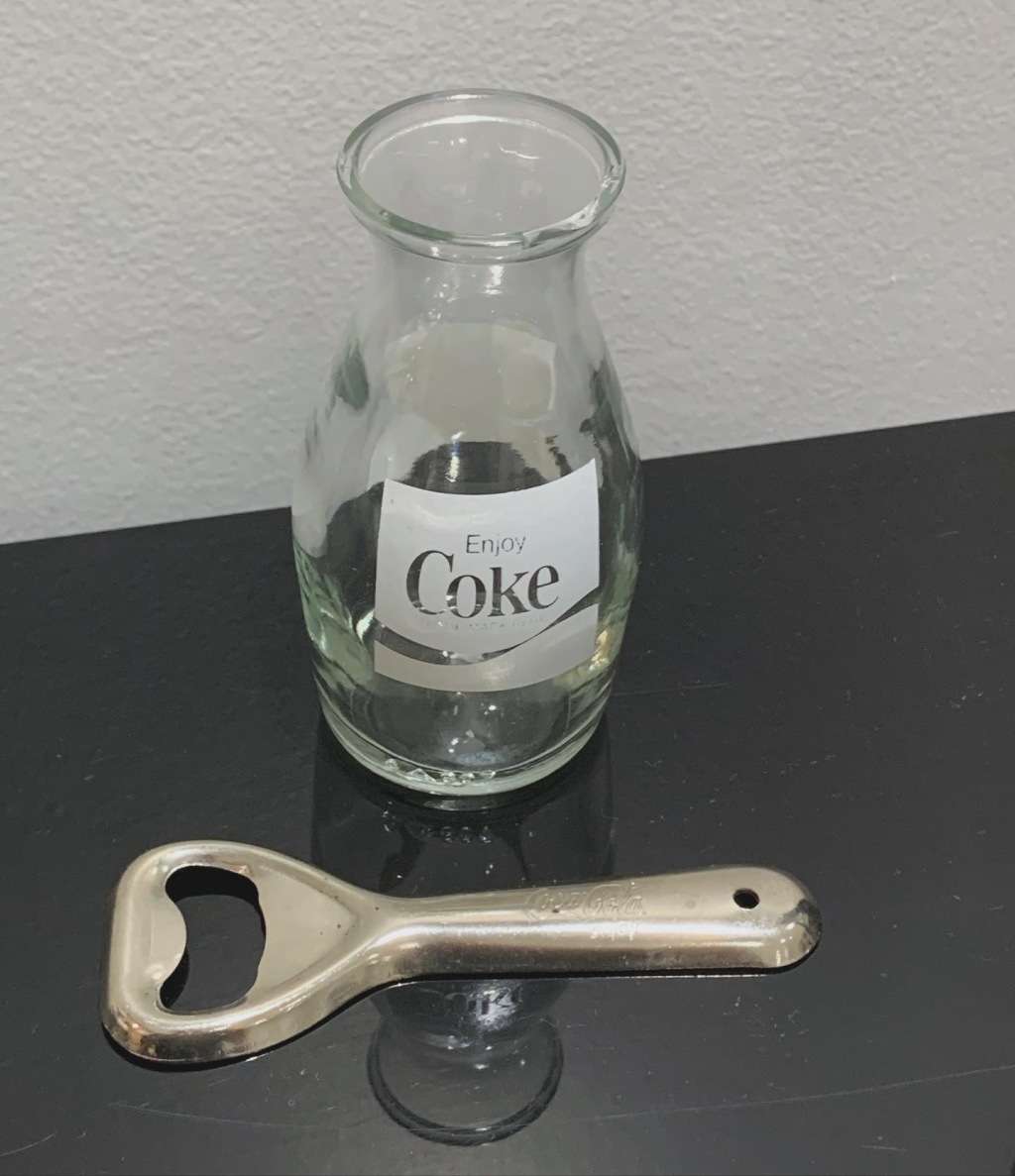 Vintage Coca-Cola Branded Glass Carafe With A Coke Branded Bottle Cap Opener