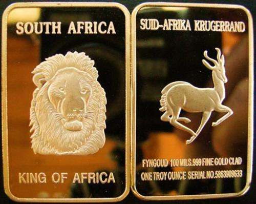 1 oz 24KT.GOLD LION KING OF SOUTH AFRICA KRUGERRAND LAYERED BAR 100 MILLS .999