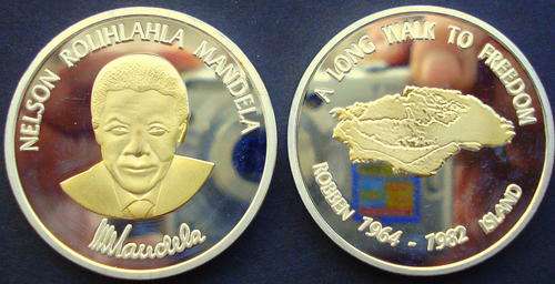 1oz. NELSON MANDELA,ROBBEN ISLAND 999 24k SILVER/ Gold Layered COIN!!!!!