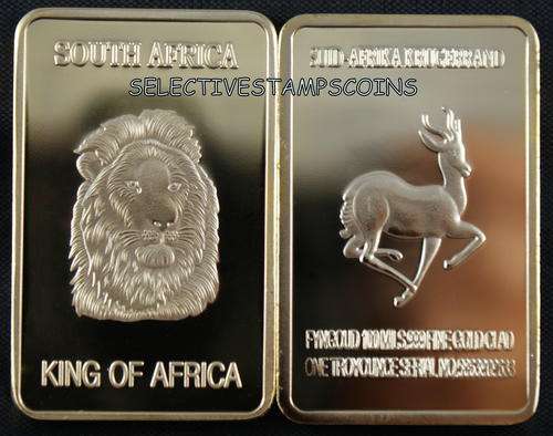 1 oz GOLD CLAD LION KING OF SOUTH AFRICA KRUGERRAND BAR 100 MILLS .999