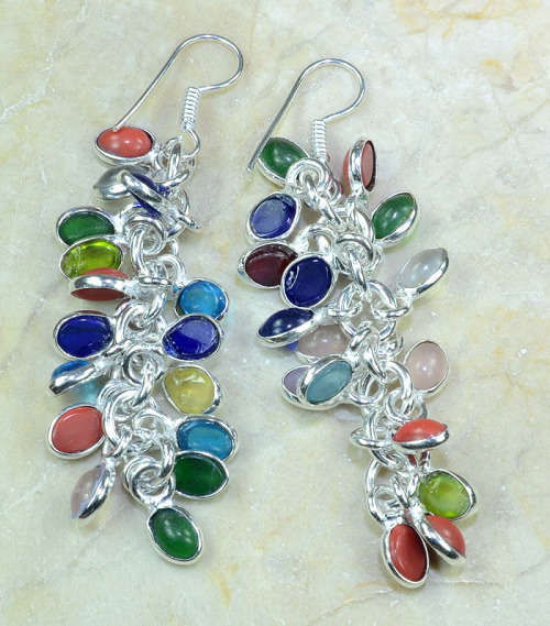 BOLD RED CORAL, BLUE TOPAZ AND IOLITE EARRINGS