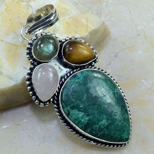 STRIKING CHRYSOCOLLA, ROSE QUARTZ, TIGER EYE AND LABRADORITE PENDANT