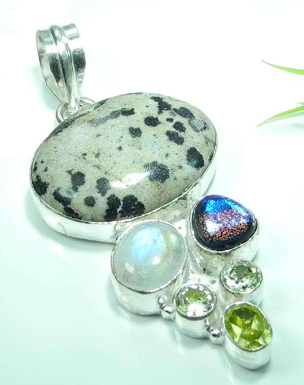 DALMATION JASPER, MOONSTONE, RAINBOW DICHROIC GLASS AND CITRINE