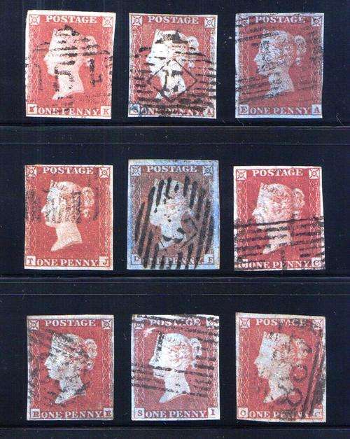 IMPERFORATED PENNY REDS VERY FINE USED - SET OF 9 - WITH 2 BLUED PAPER