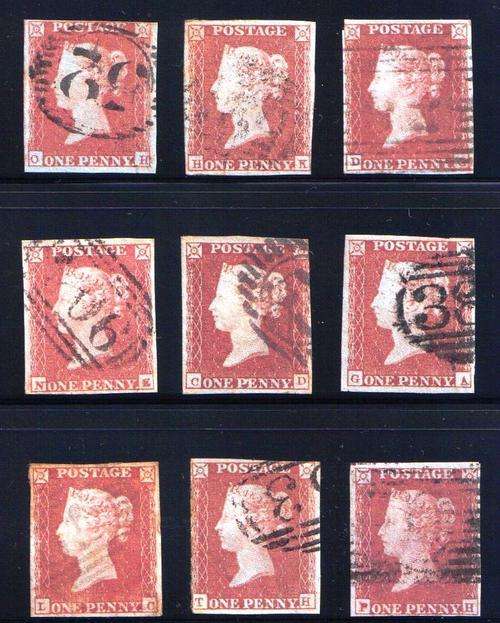 IMPERFORATED PENNY REDS VERY FINE USED - SET OF 9 - WITH 2 BLUED PAPER