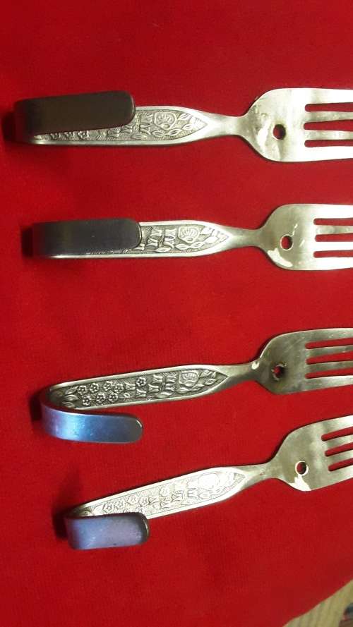 SET OF FOUR STAINLESS STEEL FORK DISHCLOTH HOOKS