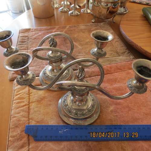 pair of silver plated candle sticks, 12cm high, 26cm across, as per photo