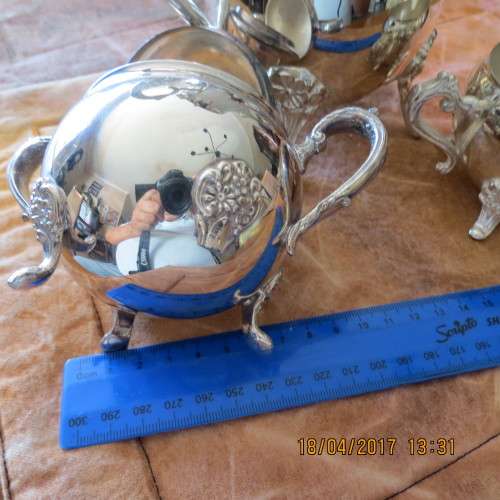 silver plated tea set, sugar bowl has one foot missing otherwise in very nice condition, as photo