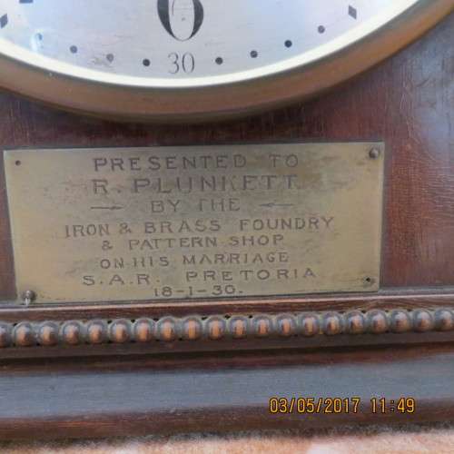 Wooden mantle clock, chimes, presented to R.Plunkett by the Iron and Brass Foundry...., as per photo