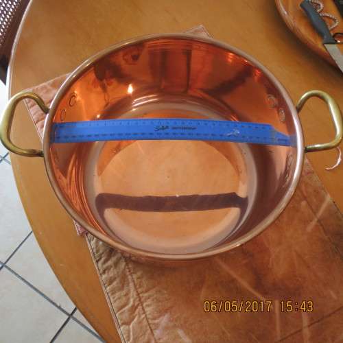 Large copper and brass jam pot, 32cm diameter, 15cm deep, as per photo