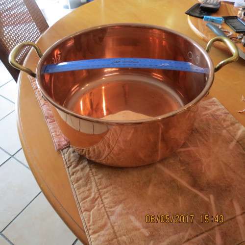 Large copper and brass jam pot, 32cm diameter, 15cm deep, as per photo