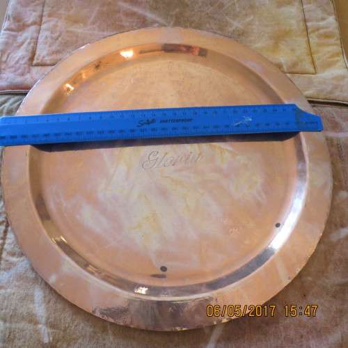 Large copper tray, A De Klerk Original engraved Gloria, 30cm diameter, as per photo
