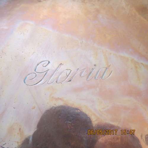 Large copper tray, A De Klerk Original engraved Gloria, 30cm diameter, as per photo
