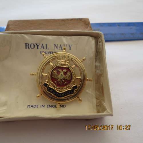 Navy H.M.S. Falmouth brooch badge in mint condition, in original box and packaging, as per photo