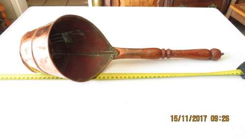 antique copper and wood water ladle, 15cm diameter, 44cm high, as per photo