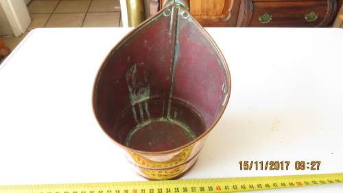 antique copper and wood water ladle, 15cm diameter, 44cm high, as per photo