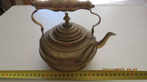 brass teapot, 17cm high, has a bad dent, as per photo