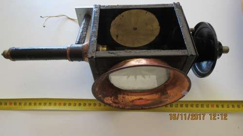 copper and metal carriage lamp, electrified, one glass missing, 43cm high, as per photo