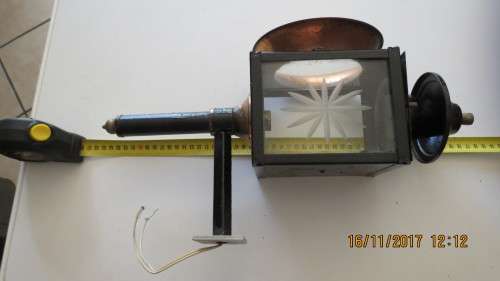 copper and metal carriage lamp, electrified, one glass missing, 43cm high, as per photo