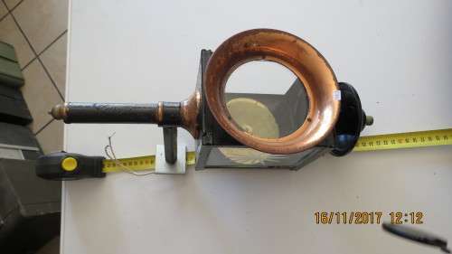 copper and metal carriage lamp, electrified, one glass missing, 43cm high, as per photo