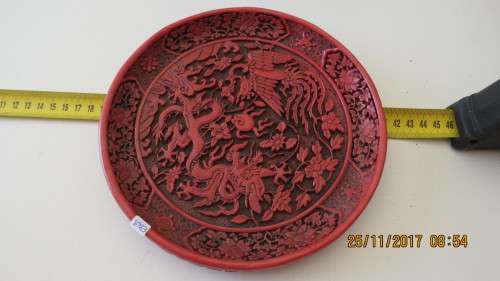 Very scarce Chinese curved plate, 20cm diameter, red (wax), name on back, as per photo