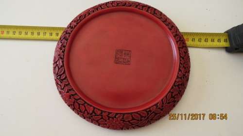 Very scarce Chinese curved plate, 20cm diameter, red (wax), name on back, as per photo