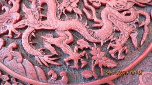 Very scarce Chinese curved plate, 20cm diameter, red (wax), name on back, as per photo