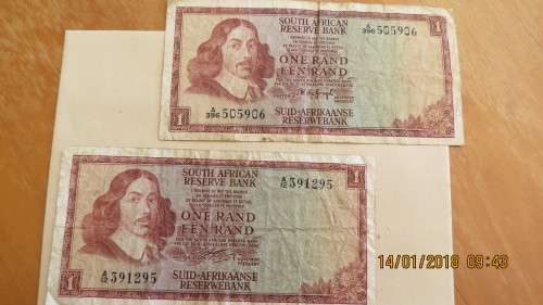 South African  2x R1 bank notes, as per photo
