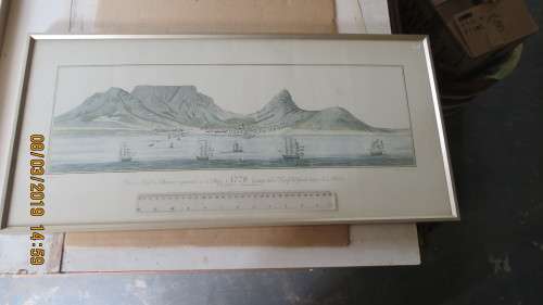 very attractive print of table bay in 1778, in frame, 34cm by 71cm, as per photo