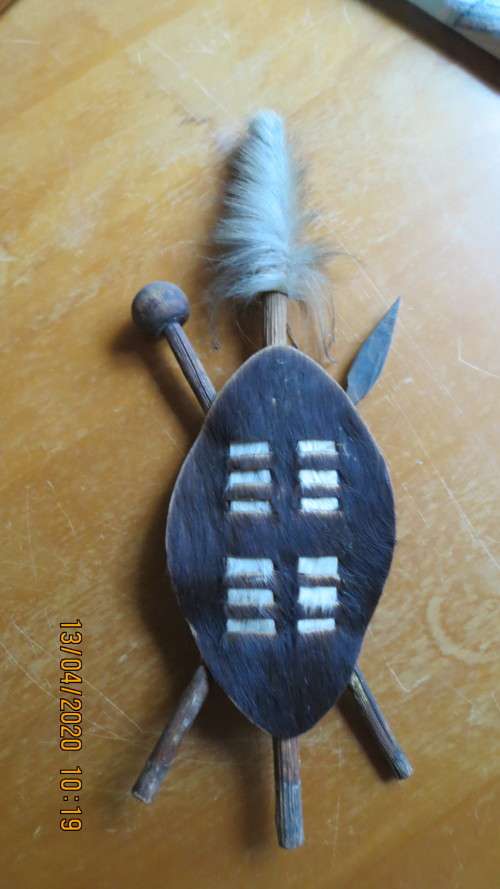 small Zulu shield knobkerry and spear, 38cm by 12cm, as per photo