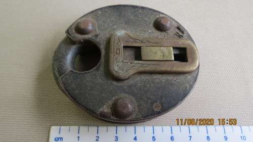 antique lock, no key, does not clip in, sold as is, as per photo