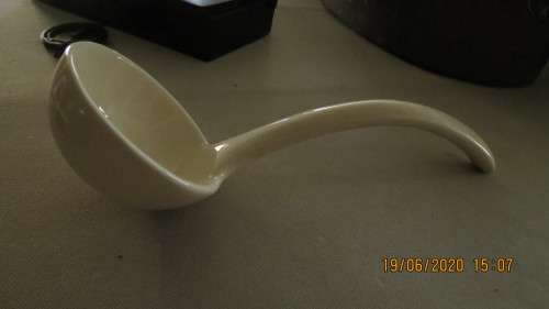 porcelain soup tureen with lid, has some grazing, with porcelain ladle,......as per photo