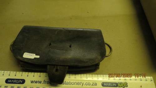 old leather pouch, 15.5cm long, loops on side, can see where badge came off, as per photo