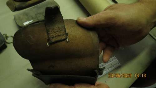 old leather pouch, 15.5cm long, loops on side, can see where badge came off, as per photo