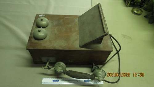 original old wall mount wooden telephone, with hand held ear and mouth piece,......., as per photo