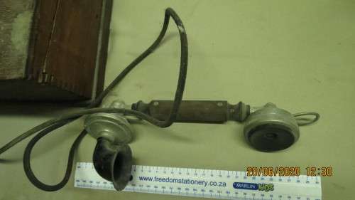 original old wall mount wooden telephone, with hand held ear and mouth piece,......., as per photo