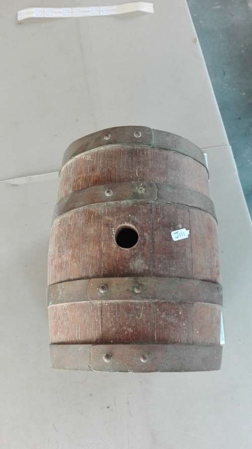 old oak barrel with brass tap on stand,barrel 23cm long, 17.5cm diameter,plug missing,as per photo