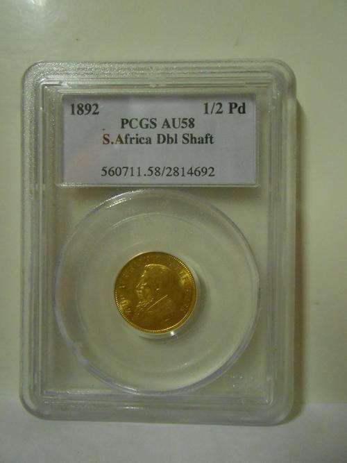 ZAR 1892, Half  Pond, Double Shaft, graded PCGS AU 58, as per photo
