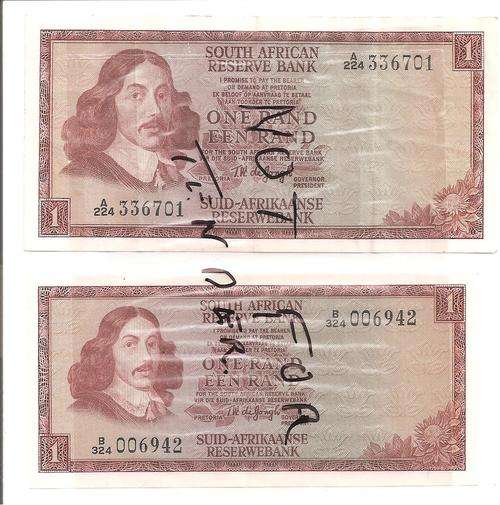Banknotes, South Africa, 2x 1 Rand notes, 1x A224 and 1x B324, as per scan