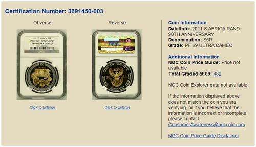 2011 SARB 90th ANNIVERSARY SILVER R5 BI-COLOUR CROWN PF69