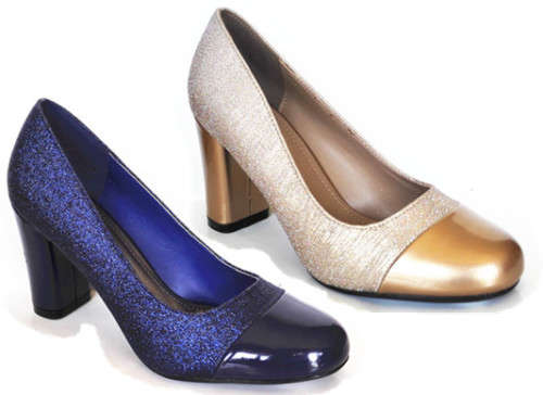 Queenspark block heel glitter court shoes with patent toe cap