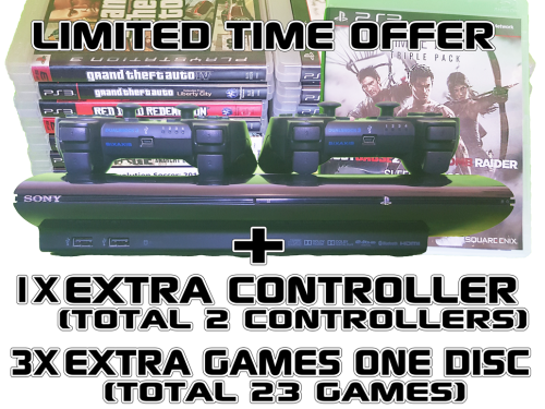 Sony Playstation 3 SuperSlim 12GB Console PS3 System + 2 Controllers + 23 Games - In Great Condition